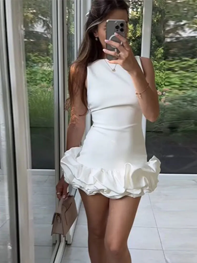 Mini Robe Plissée Blanche à Volants pour Femme, Chic, Col Rond, Coupe Cintrée, Courte, Éducative, Nouvelle Collection 2024