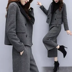 Pants Sets Two Piece Women Wool Cardigan Blazer Thick Button Wide Leg Pants Pockets Solid Casual Suits Outwear Winter 2025