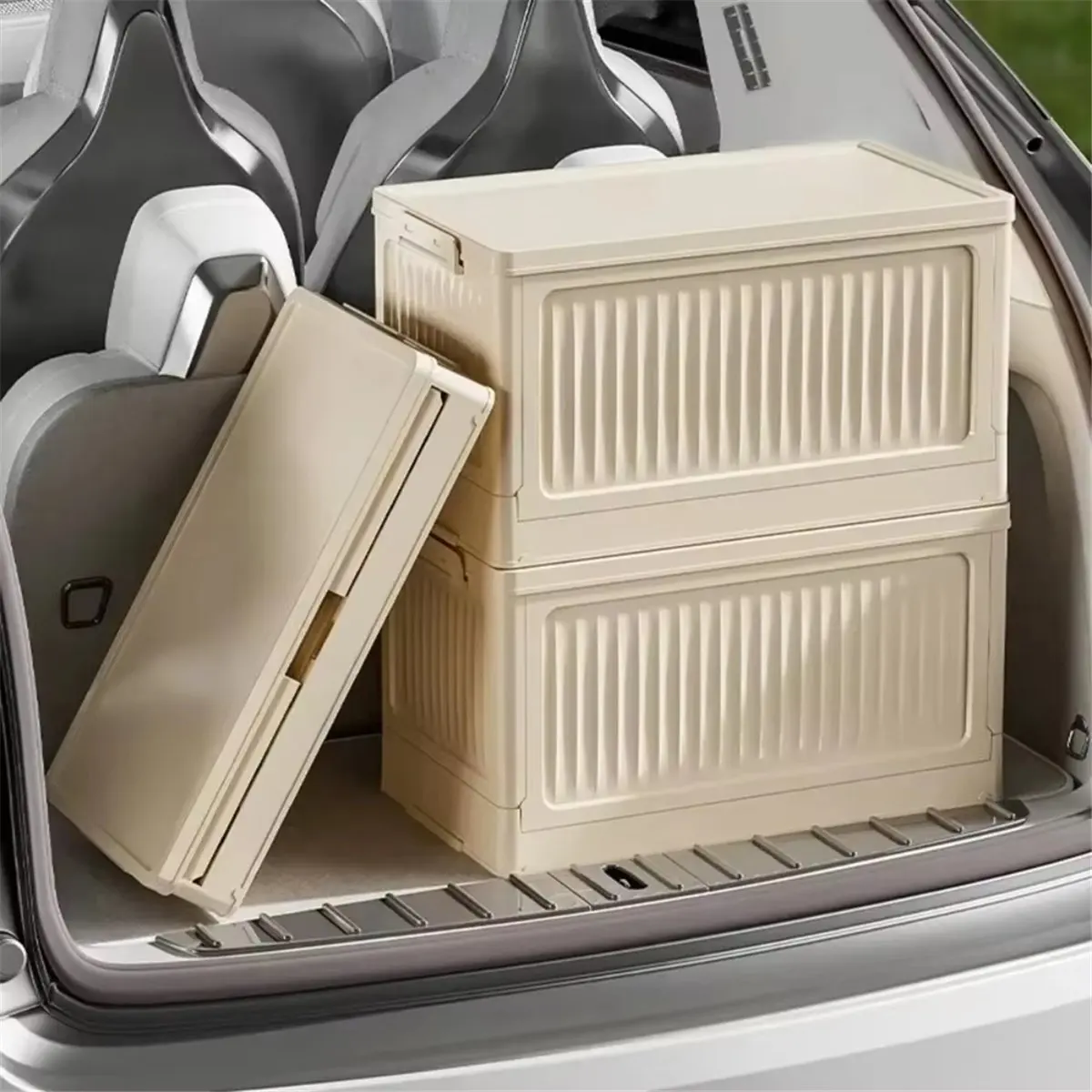 Large Capacity Folding Storage Box with Pulley - Stackable Plastic Organizer with Lid, Portable Container for Home-ABHG