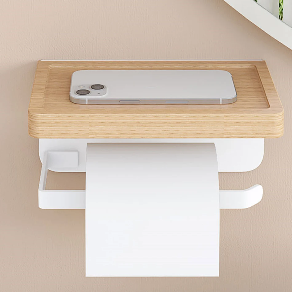 Paper Holder with Shelf White Aluminum Wall Mounted Creative Wood Toilet Paper Roll Rack Storage Tissue Holder for Bathroom WC