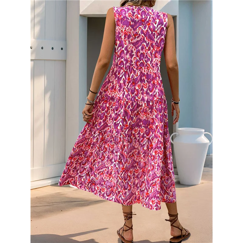 ASDS-Women's Maxi Dress Summer Sleeveless Bohemian Floral V Neck Tie Front Fringe Flowy Long Dress Vacation Beach Sundress