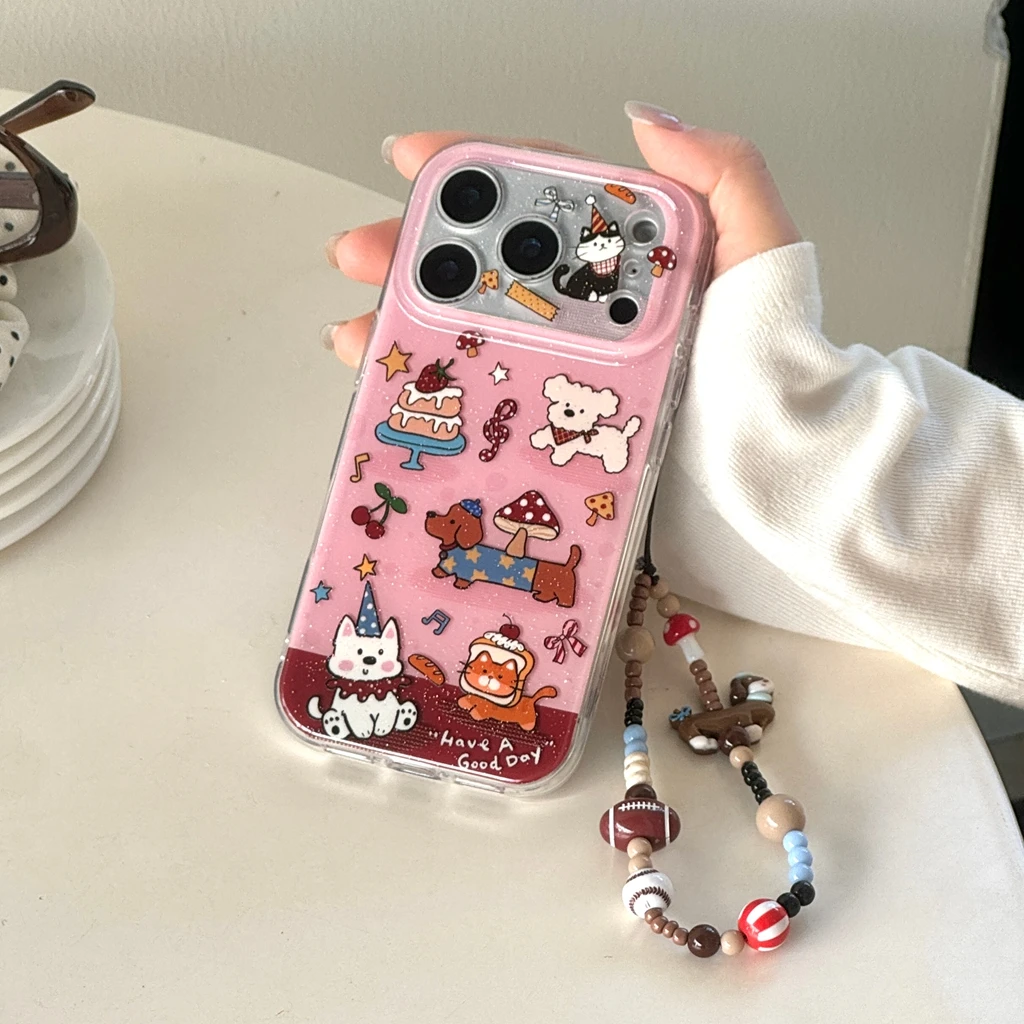 لطيف الوردي القط الألماني الكلب كعكة الكتابة على الجدران مع الحبل للصدمات واقية غطاء الهاتف آيفون 17 16 15 14 برو ماكس