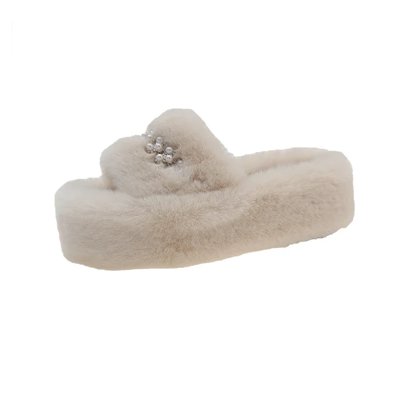 Neue Winter-Hausschuhe für Damen mit offenem Zehenbereich, kurzem Plüsch, modischer Strass- und Perlenverzierung, rutschfest, mit klobiger Plateausohle und flauschigem Innenfutter – Detail 12