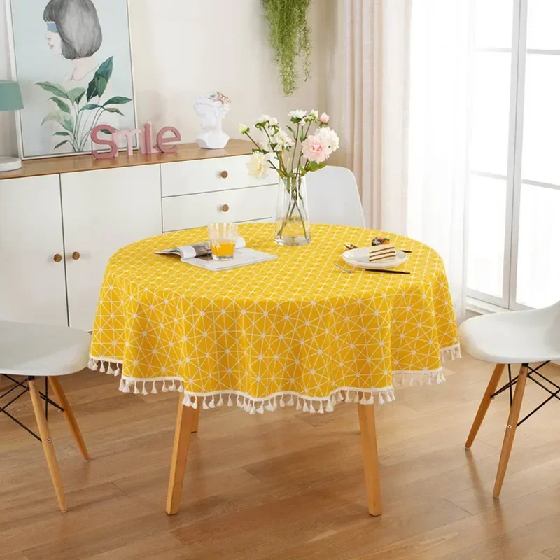 

Korean Cotton Linen Yellow Plaid Geometry Round Tablecloth with Tassel for Coffee Tables Table Cover Round Table Tablecloth