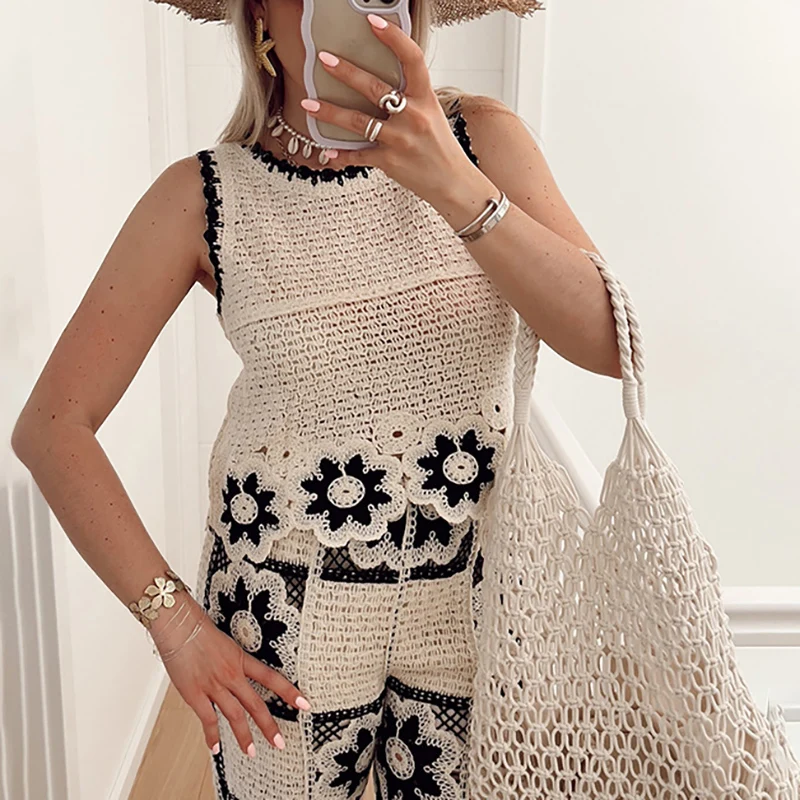

Женский вязаный крючком жилет с цветочным узором и прямые брюки, комплект из 2 предметов, повседневный топ без рукавов с круглым вырезом, пляжный костюм, летняя одежда