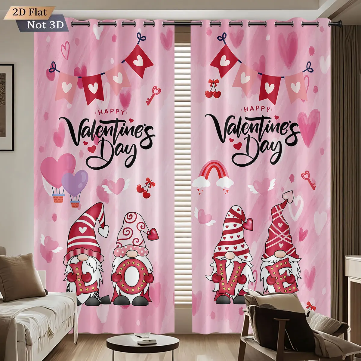 2 Stück Valentinstag romantische Liebe Zwerg Druck perforierte Verdunkelungsvorhänge Multi-Size Wohnzimmer Schlafzimmer Isolierung Dekoration