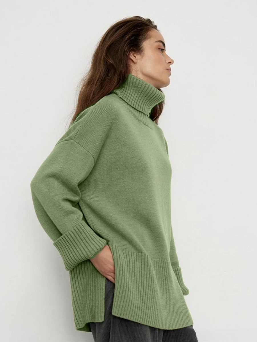 

Blubelle Women's New Autumn Winter Turtleneck Solid Color Knit Sweater Trendy Loose Fit Side Split Fashion Casual Jumpers