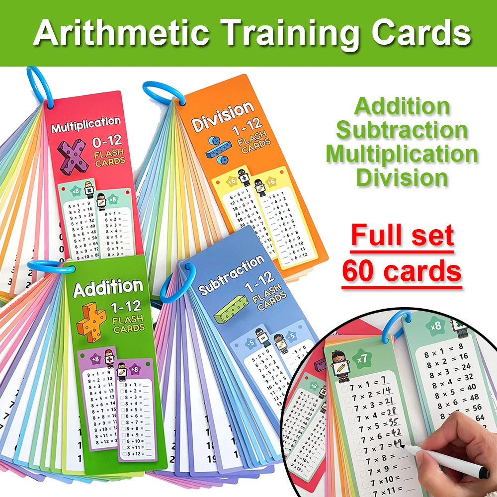 60 Pcs Mathematical Training Cards Maths Table for Kids Self Check Classroom Home Learning Aids Teacher Teaching Aids Montessori