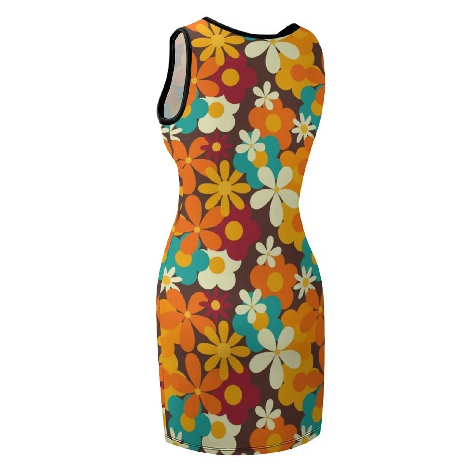 Retro anni '70 Colori classici Flower Power Modello di ripetizione senza cuciture Stampa Abito estivo senza maniche Abito da donna da spiaggia