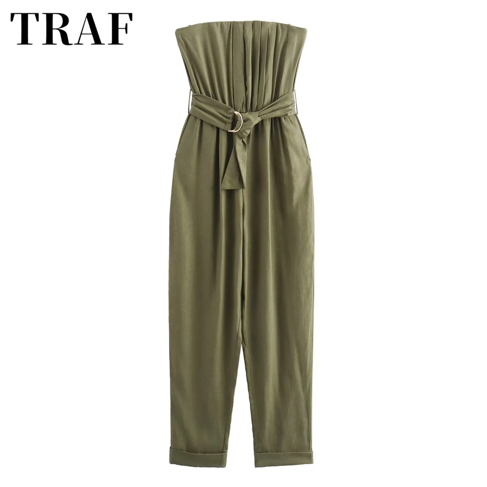 TRAF new women\'s clothing with European and American style summer new fashionable linen blend with belt  strapless jumpsuit