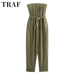 TRAF new women's clothing with European and American style summer new fashionable linen blend with belt  strapless jumpsuit