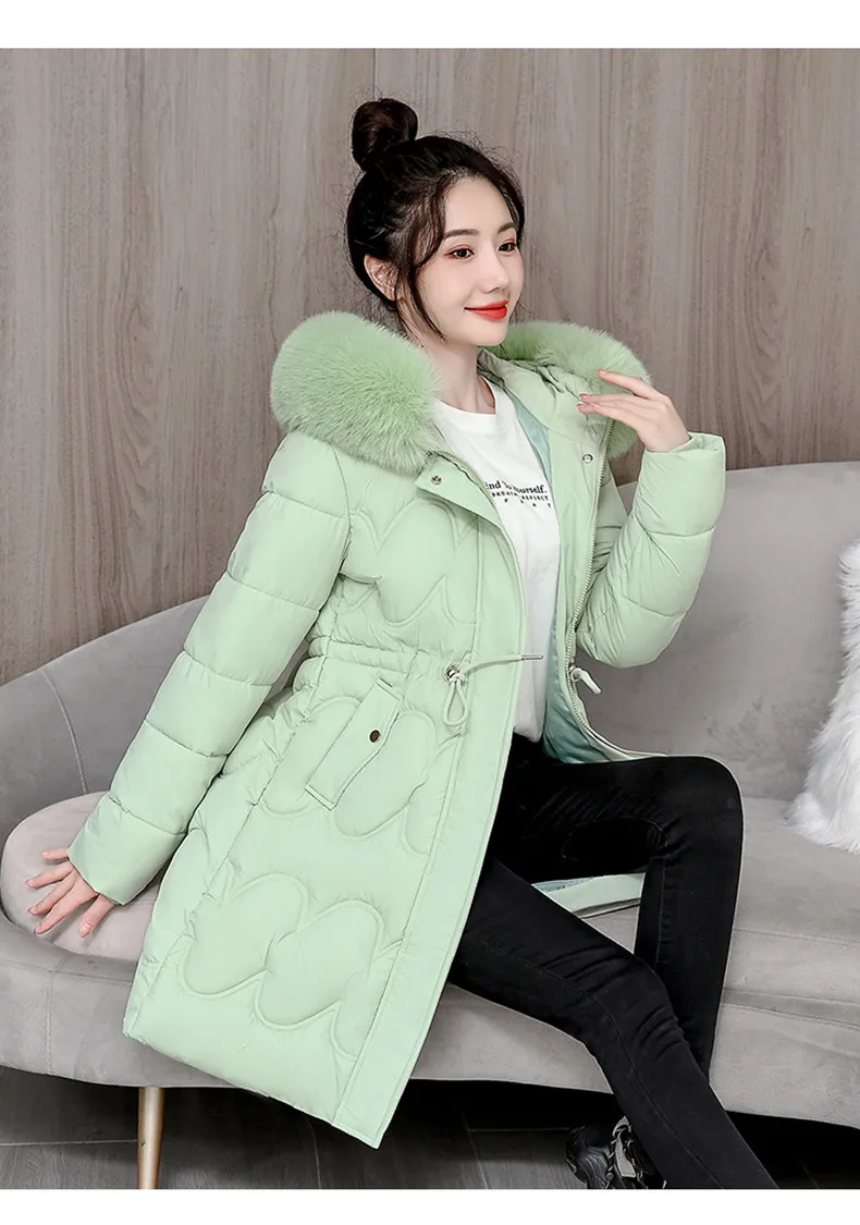 2026 Winter New Fur Collar Puffer Down Parka Loose Long Hooded Warmer Thicken Snow Jacket Pocket Zipper Outerwear Female