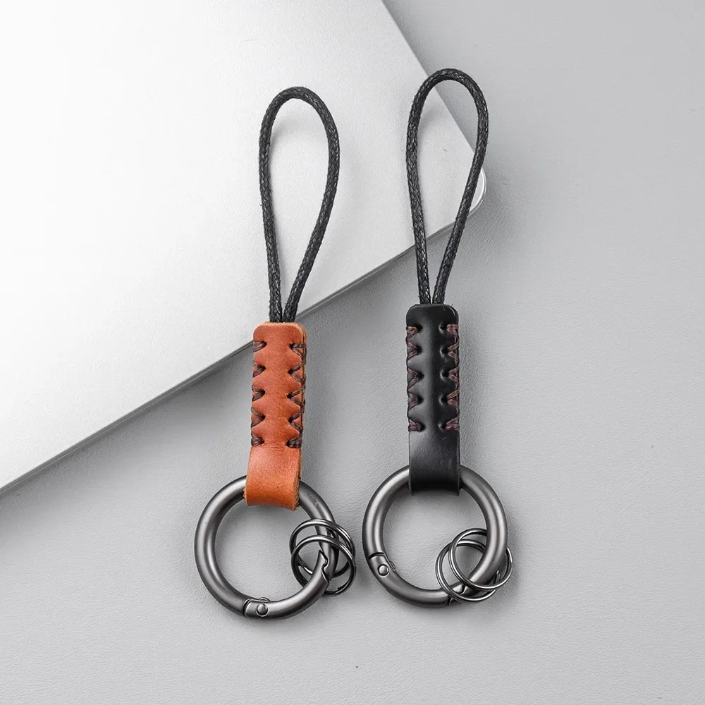 Handmade Cowhide Leather Key Chains for Men Women Car Keychain Lanyard Cotton Rope Strap Metal Keyring Gift Trendy Key Holder