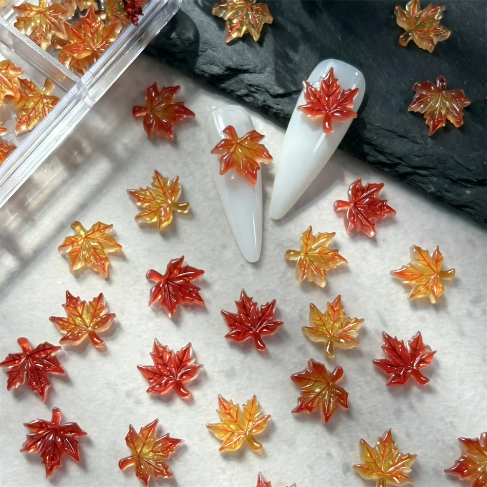 24Grids/box Thanksgiving'S Day 3D Resin Autumn Maple Leaf Nail Charms Mix 8-10mm Maple Leaf Nail Art  DIY Fall Leaves Nail Parts