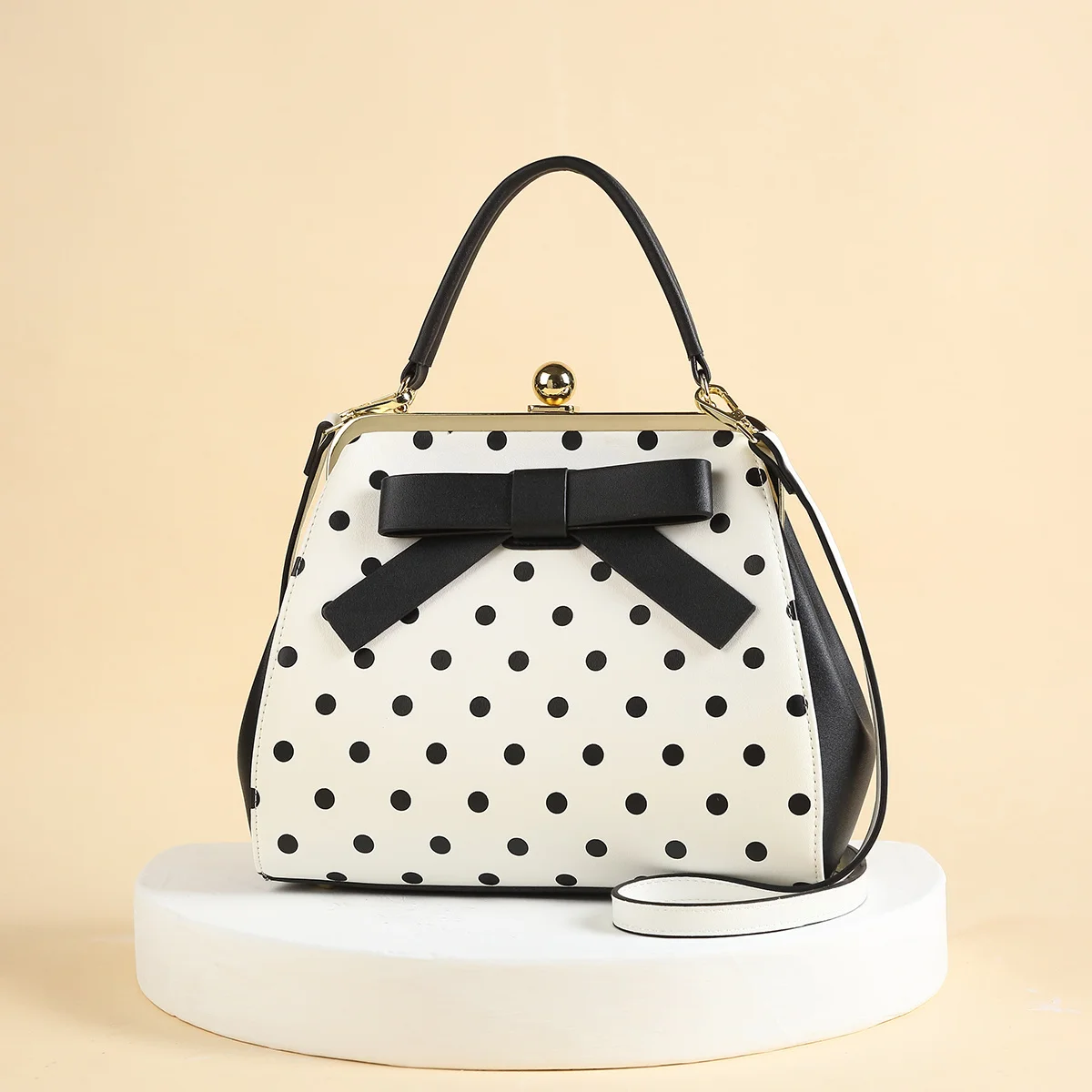 A polka dot perfect for little girls PU Satchel Handbag for Women - Kiss Lock Closure, Rhinestone Decor, Patent Leather Look