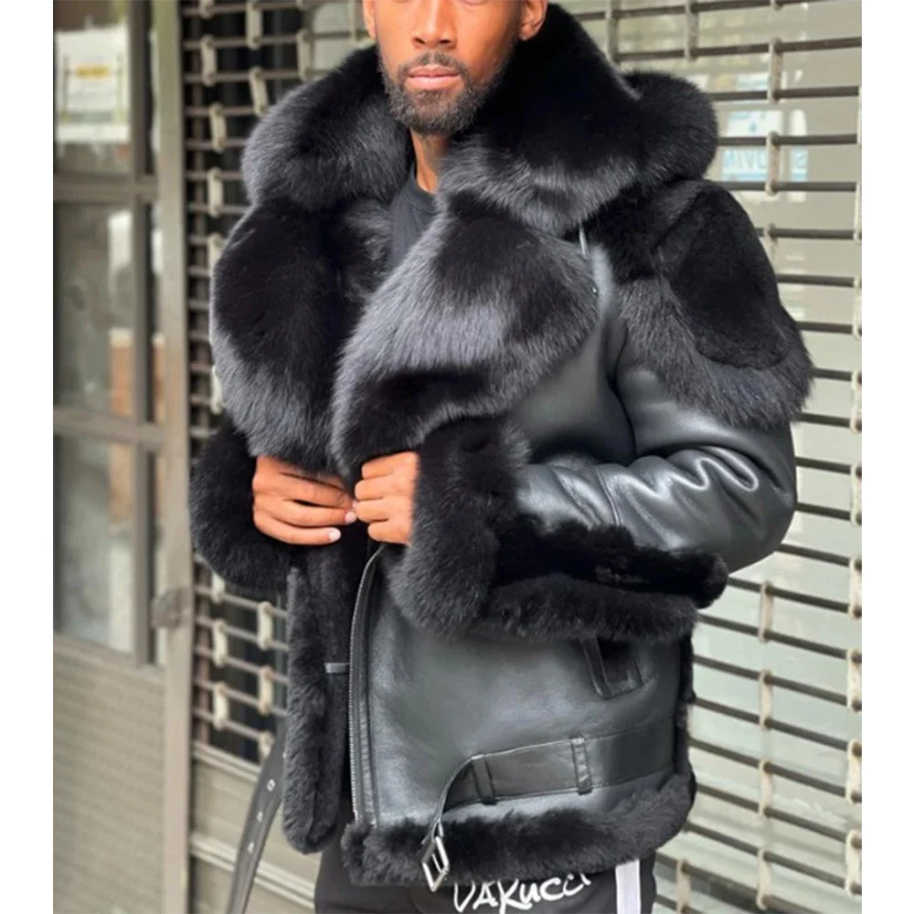 

Men's faux leather plush fur Fabric integrated short belt with large lapel collar coat Tough motorcycle clothing jackets for men