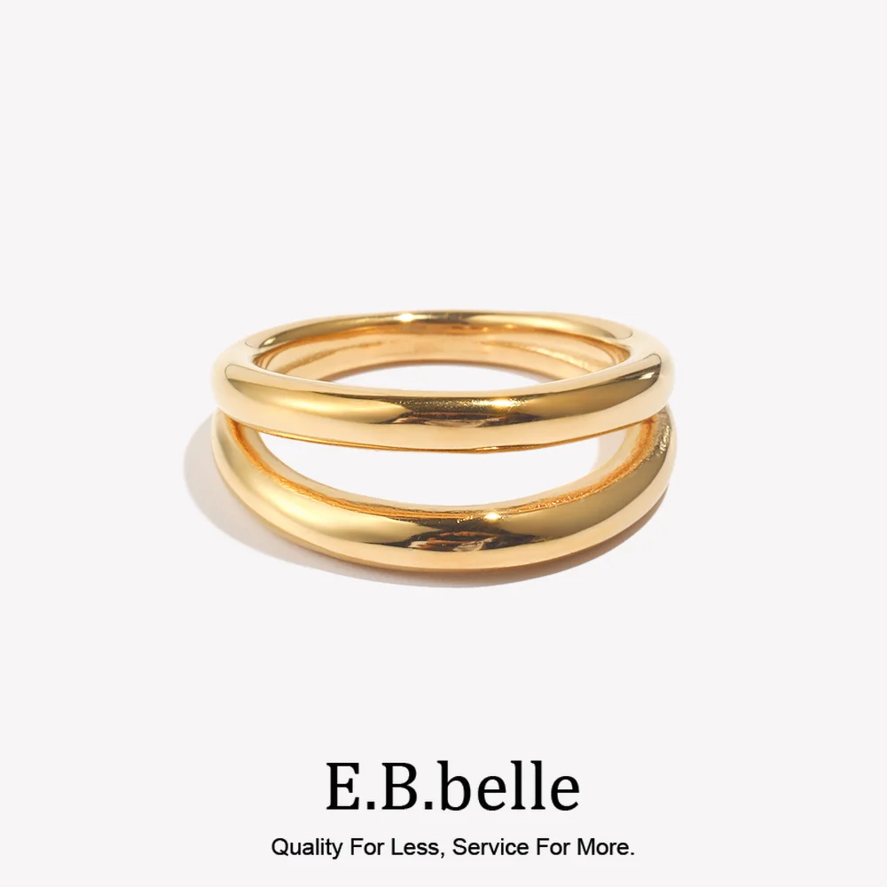 E.B.belle Hand Polished Double Layers Gold Plated Stainless Steel Rings For Woman Female Minimalsit Finger Rings Jewelry