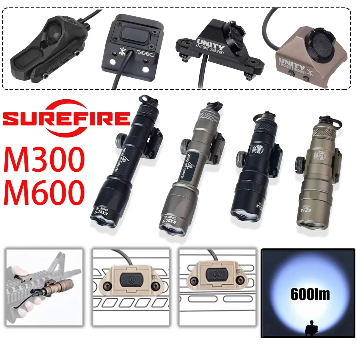 Lampe torche Surefire M300 M600 avec interrupteur à pression à double fonction AXON UNITY pour rail Picatinny 20MM