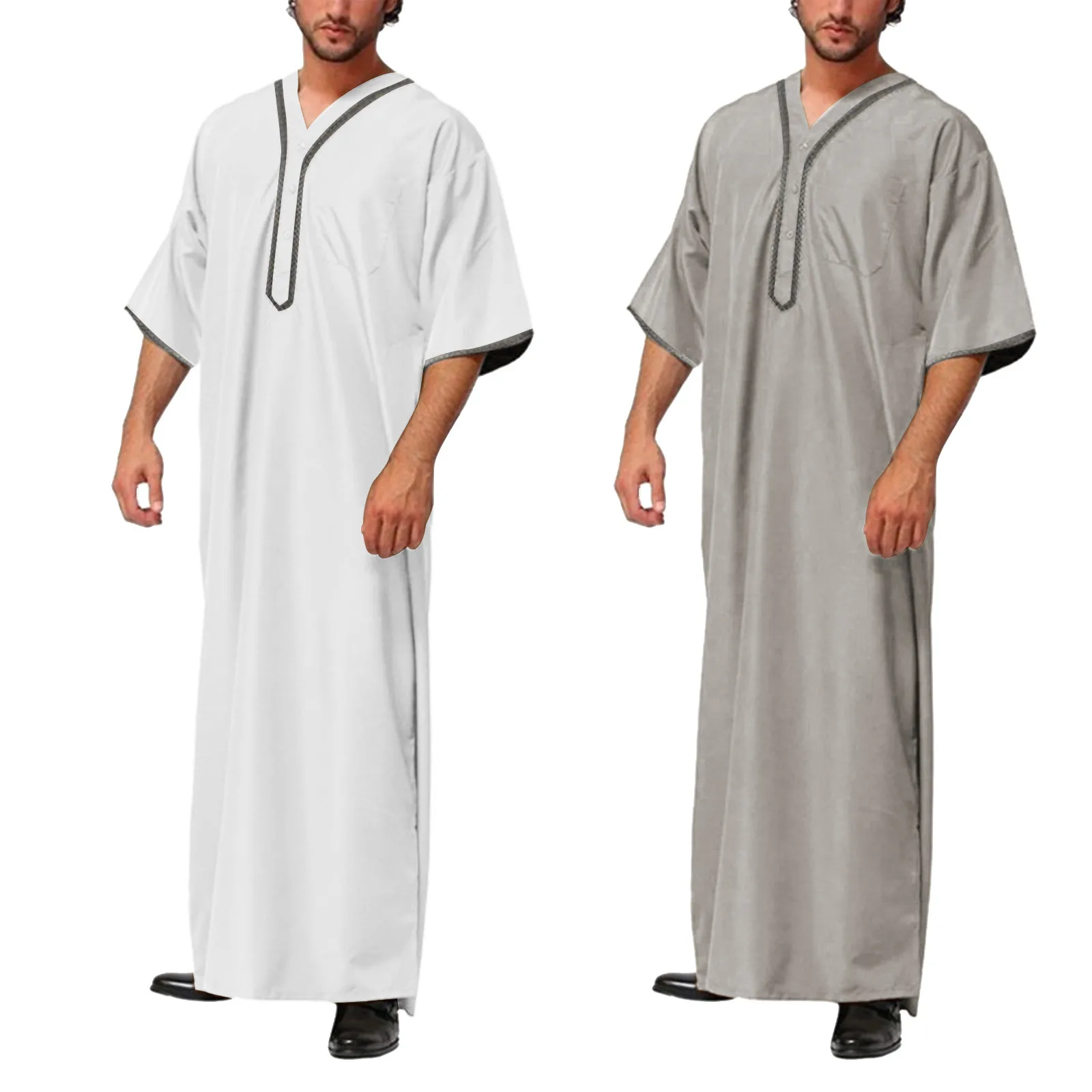 Kimono musulmán Jubba Thobe para hombres, de Color sólido túnica media, camisa musulmana saudita, cuello levantado, caftán árabe islámico, Abaya