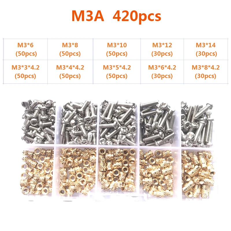 Messing-Einsatzmutter und Schrauben-Sortiment-Set, 260–500 Stück, M2, M3, M4, Hot-Melt-Einsatz, Rändelmutter, Injektions-Einbettungsmutter für 3D-Drucker – Detail 10
