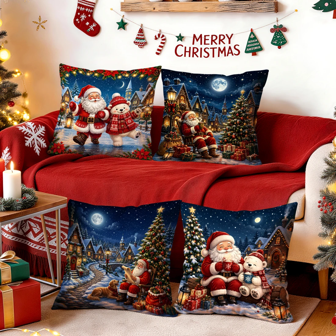 Fairy Tale Christmas Town Night Scene Cushions Pillowcase Polyester Cushion Cover Throw Pillow Pillowcover Home Car Sofa Decor