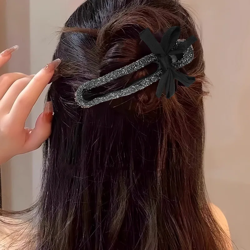 

Черный бант со стразами, заколка для волос для женщин, зажим в виде утконоса, заколка для волос, блестящие аксессуары для волос с кристаллами, модные ювелирные изделия, головные уборы