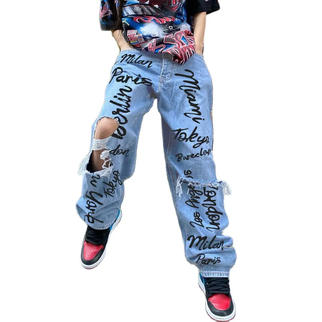 

Stylewomen's Jeanswomen's Clothing New 2024 Spring And Summer New Jeans With Holes Letters Printed Loose Mopping Hip-Hop Street