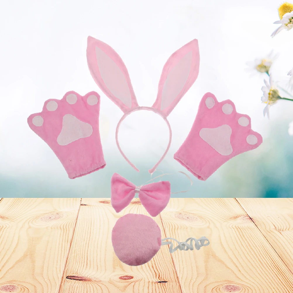 4pcs Rabbit Costume Set Bunny Ears Headband Bow Tie Tail Gloves Party Cosplay Outfit For Halloween Christmas Fancy Dress