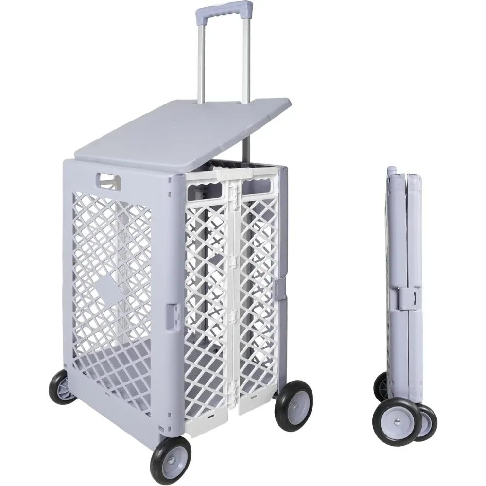 Foldable Utility Rolling Crate with lid Wheels, Portable Shopping Cart with Durable Heavy Duty Telescopic Handle, Rolling Carts