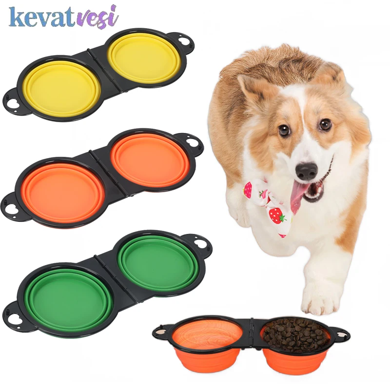 

Silicone Dog Feeder Bowl Folding Outdoor Food Container Portable Dual Bowl Feeding Bowl for Small Medium Large Dog Pet Supplies