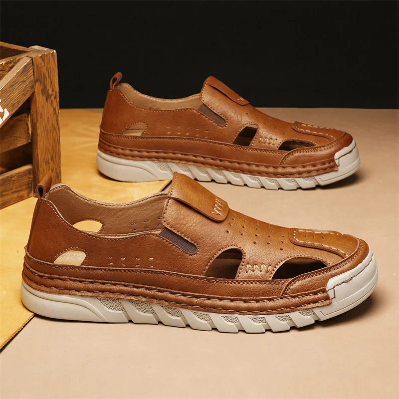 roman-leather-sandals-men's-outdoor-casual-slip-on-summer-beach-shoes-driving-dual-purpose-clog-shoes-breathable-flat-heel