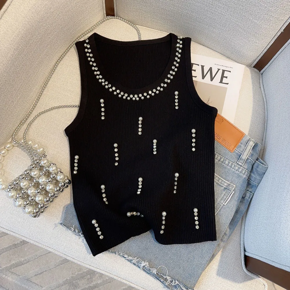 Summer Thin Sweater Diamond Pearl O-Neck Knit Vest Pullover T-Shirt Sleeveless Casual Black Slim Women\'s Tops Ladies Tight Tees