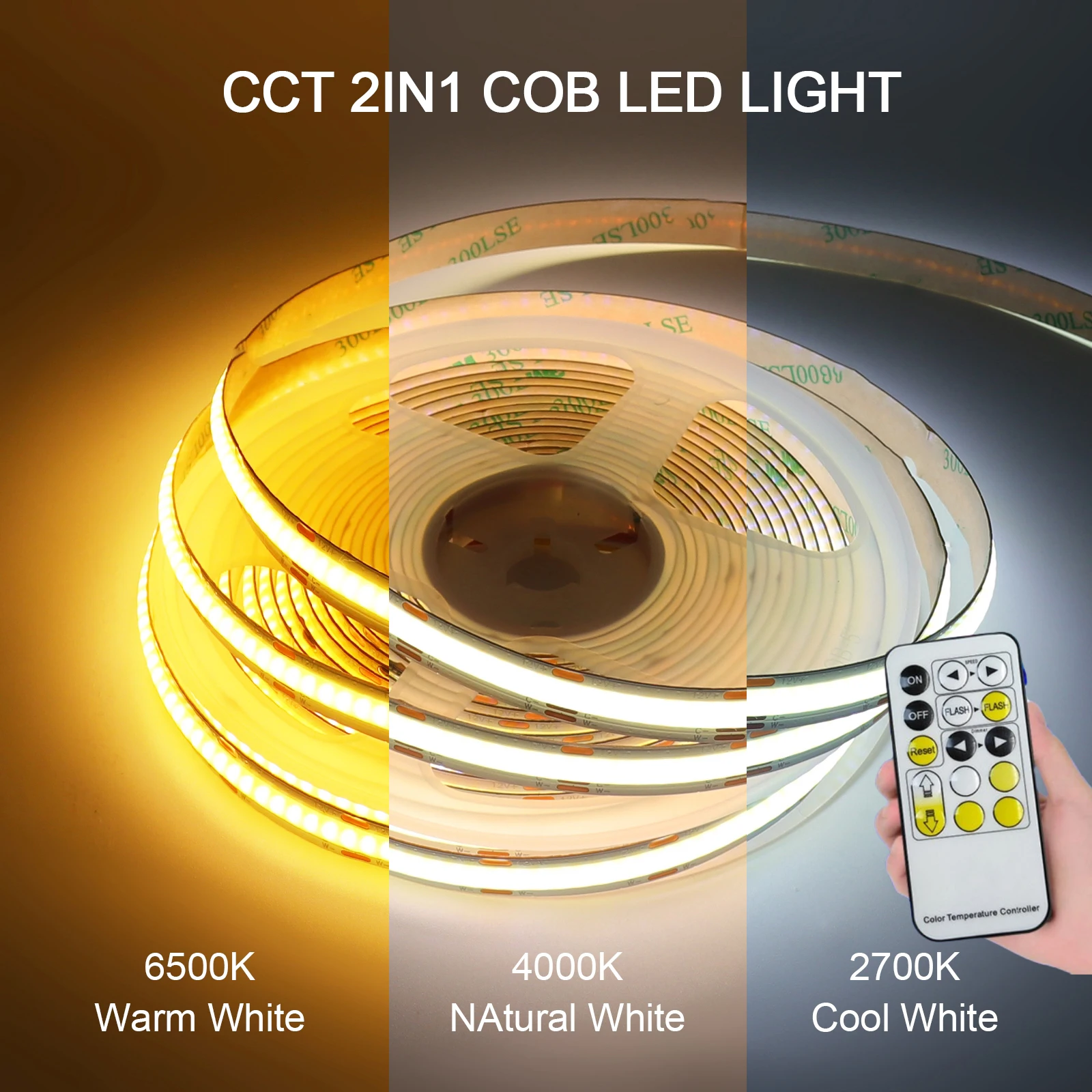 

Диммируемая Светодиодная лента 12 в 24 В CCT COB с дистанционным управлением 608 светодиодов/м IP21, теплый белый + холодный белый, домашний декор, гибкая лента, лента