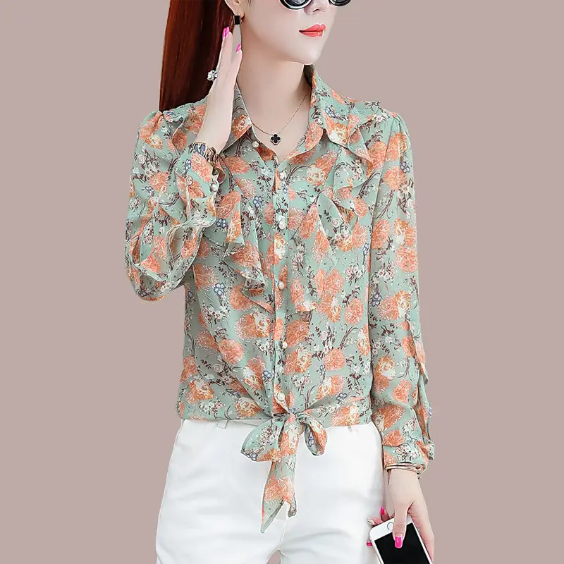 Women's Floral Chiffon Shirt, Casual, All-Match, Turn-down Collar, Long Sleeve, Thin Tops, Simplicity, Autumn Fashion