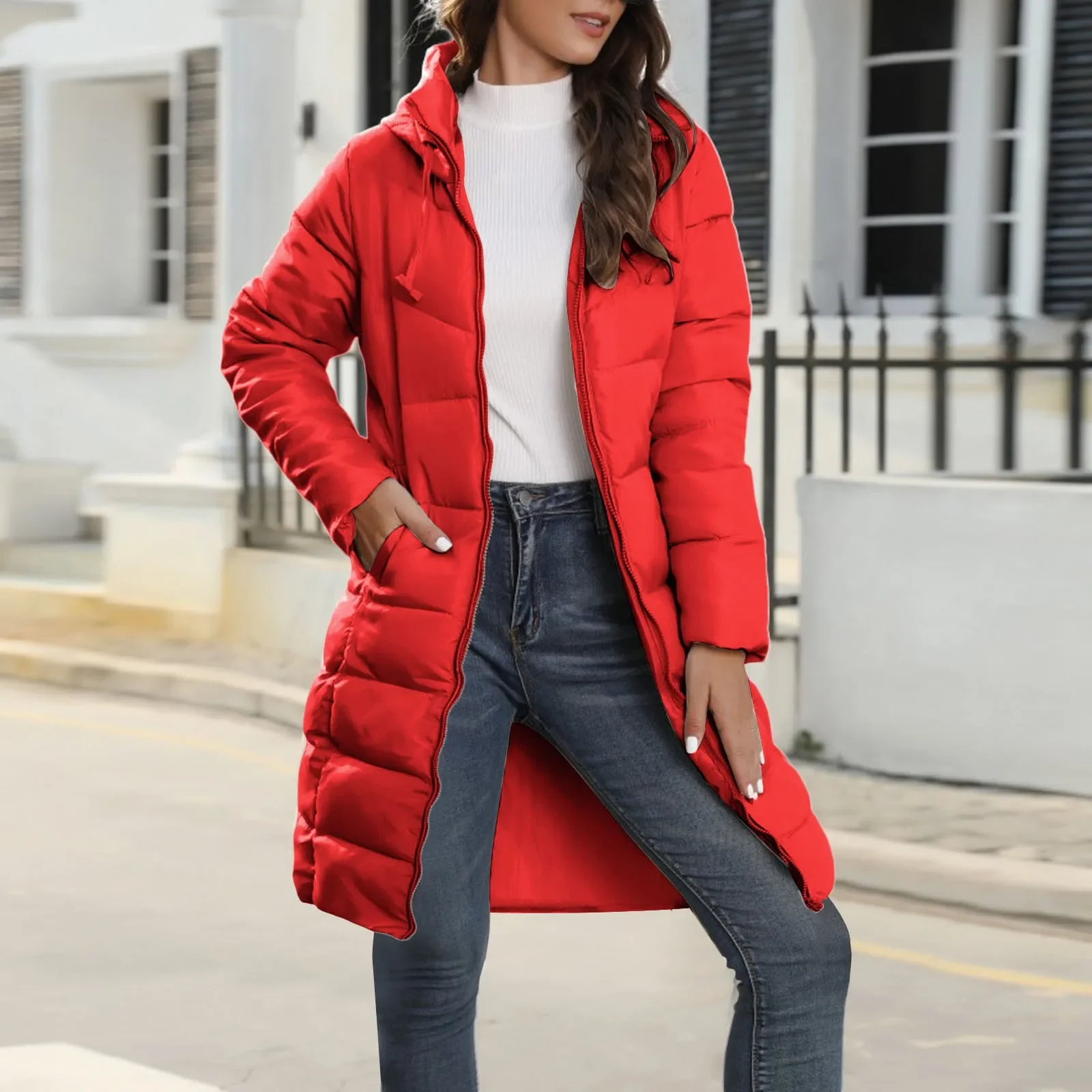 2023 Long Straight Winter Cotton Coat Women Casual Down Jacket Slim Remove Hooded Parka Oversize Fashion Outwear Plus Size Mujer