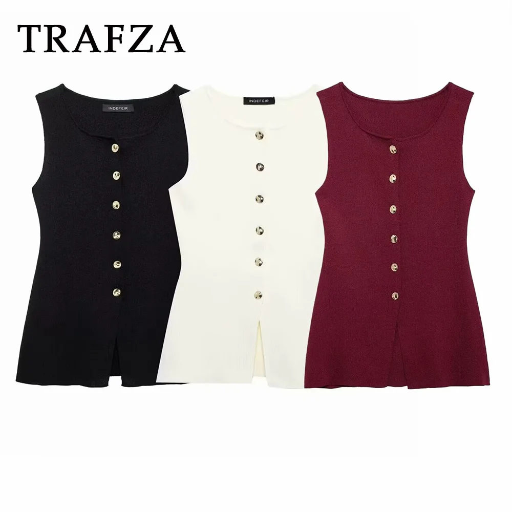 TRAFZA Fashion 2024 Winter Solid Winered Knit Women Vest Slim Streetwear Casual Sleeveless Single Breasted Chic Slim Sweater