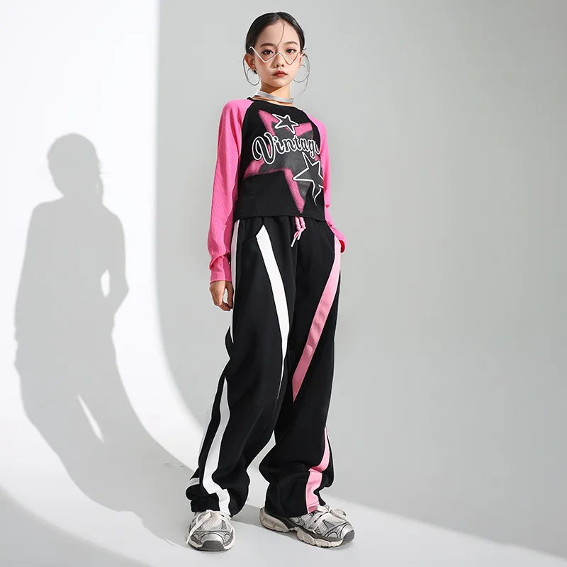 Costume de danse jazz pour enfants, t-shirts à manches longues pour filles, pantalons baggy, vêtements de performance Hip Hop, tenue de scène, streetwear interdit, nouveau