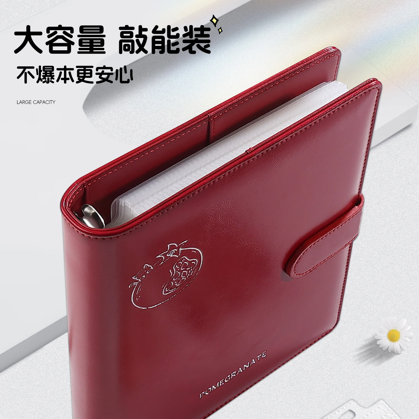 Pomegranate Cat A5 Photo Album Red PU Leather Binder for 3 Inch & Polaroid Cards, K-Pop Idol Photo Holder Korean 포카 바인더