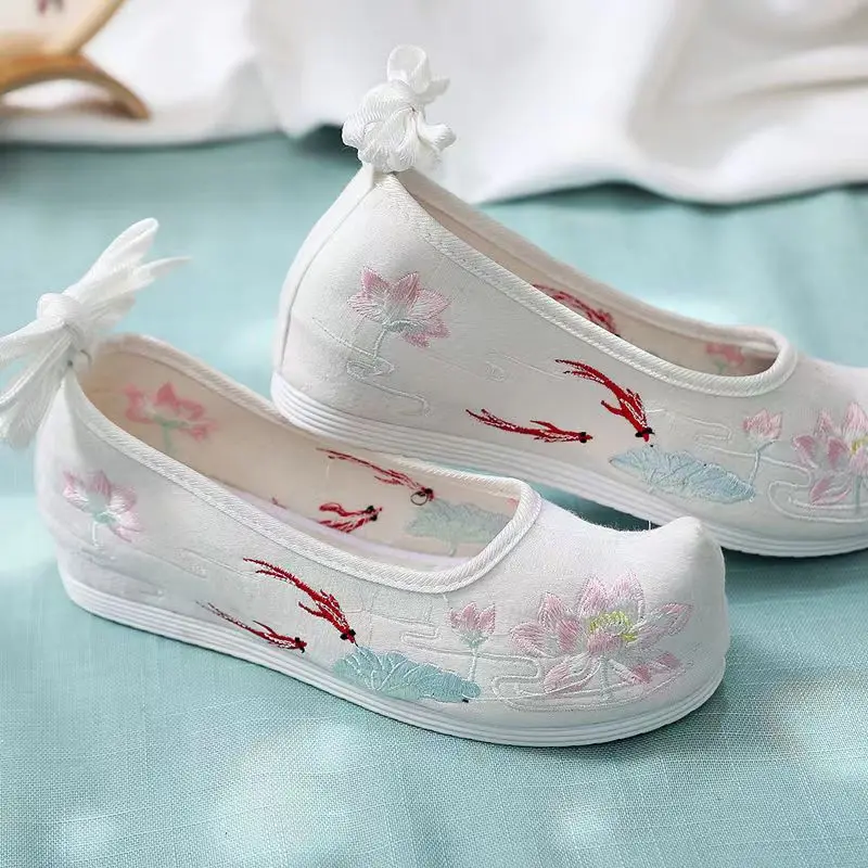 Traditional Cloth Shoes Upturned Bow Shoes Hanfu Shoes Ancient Style Lace Up Ancient Embroidered Shoes Elevated Dance Shoes