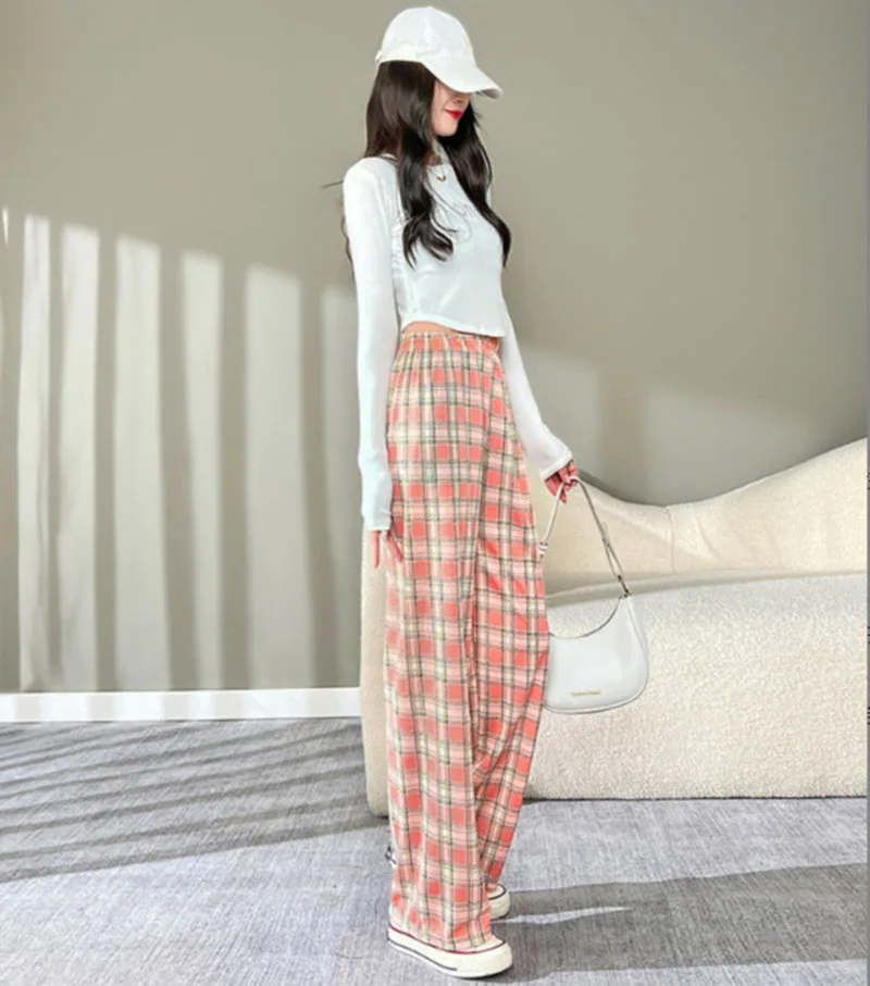 Summer Fashionable Suit For Women Black And White Light Green Pink Blue Long Ankle-Length Trousers With Plaid Wide Leg Pants