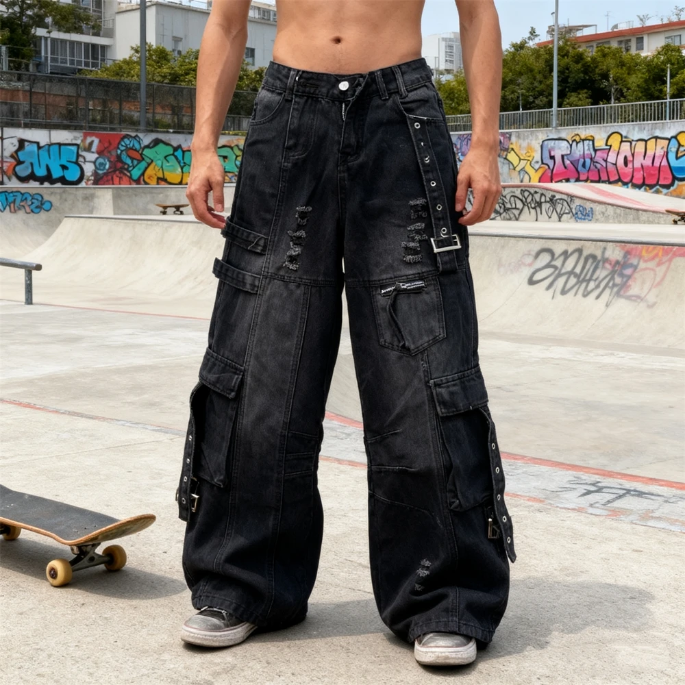 

KUCLUT American Style Fashion Streetwear Hole Straight Pants Vintage Loose Zipper Trousers Oversize Jeans For Men Woman