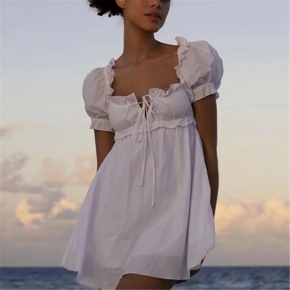 

Sexy mini dresses for women 2022 Summer white beach dress short sleeve elegant dress square neck kawaii vestidos ruched