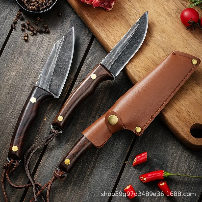 Forged bone picking knife, sharp wooden handle, straight knife, handle, meat knife, barbecue meat, lamb, outdoor knife