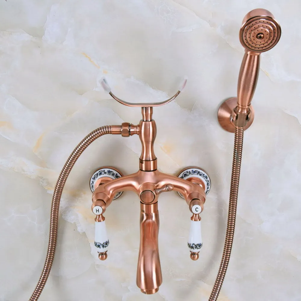 

Bathtub Faucets Antique Red Copper Bathroom Faucet Mixer Tap Wall Mounted Hand Held Shower Head Kit Shower Faucet Sets tna368