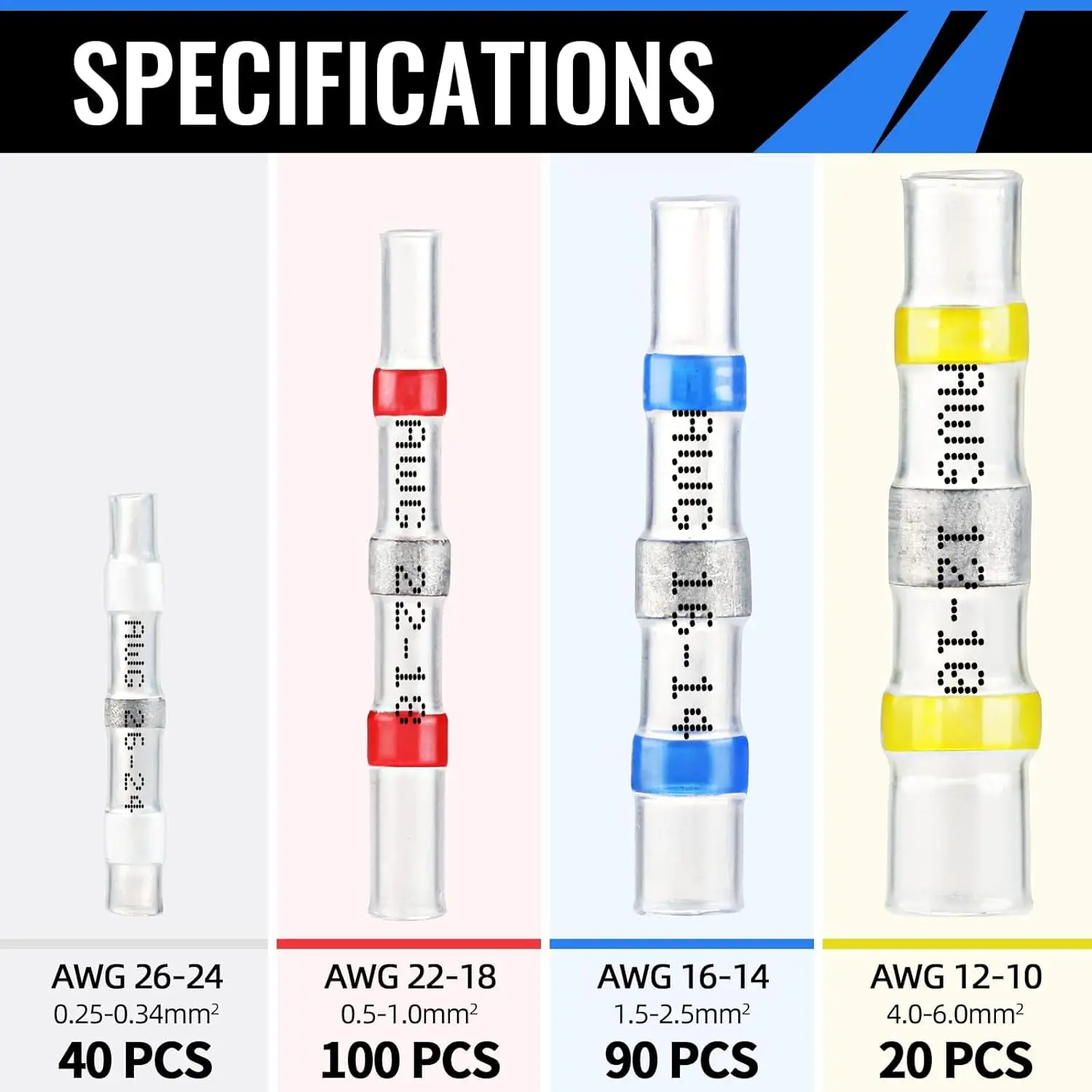 250PCS Solder Seal Wire Connectors Insulated Waterproof Electrical Wire Terminals Heat Shrink Solder Butt Connectors Solder