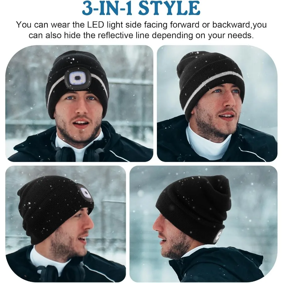 MELASA Gorro de invierno con rayas reflectantes LED, gorro de invierno de alta visibilidad con luz para trabajo al aire libre, regalos deportivos para hombres y papá