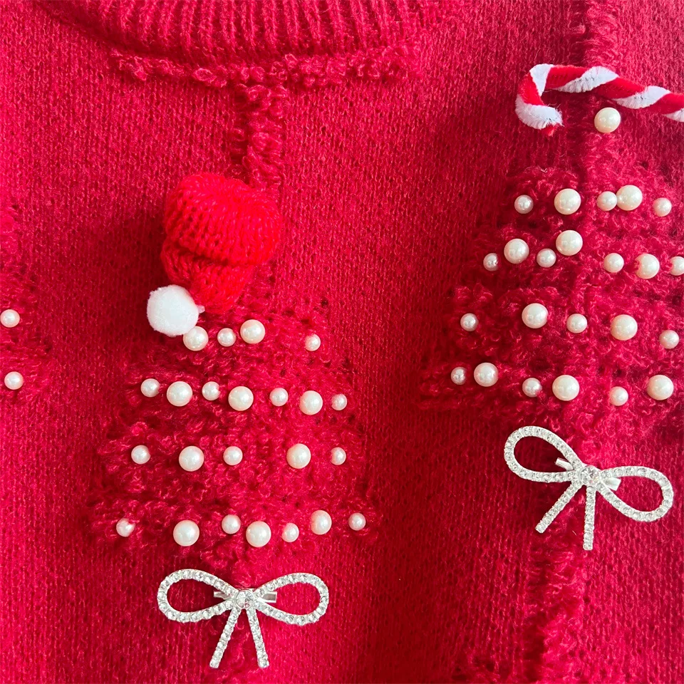 Pull de noël pour femmes, automne/hiver, nœud à ongles, perle, rouge, tricoté, hauts, mode américaine, Jacquard, pulls du nouvel an