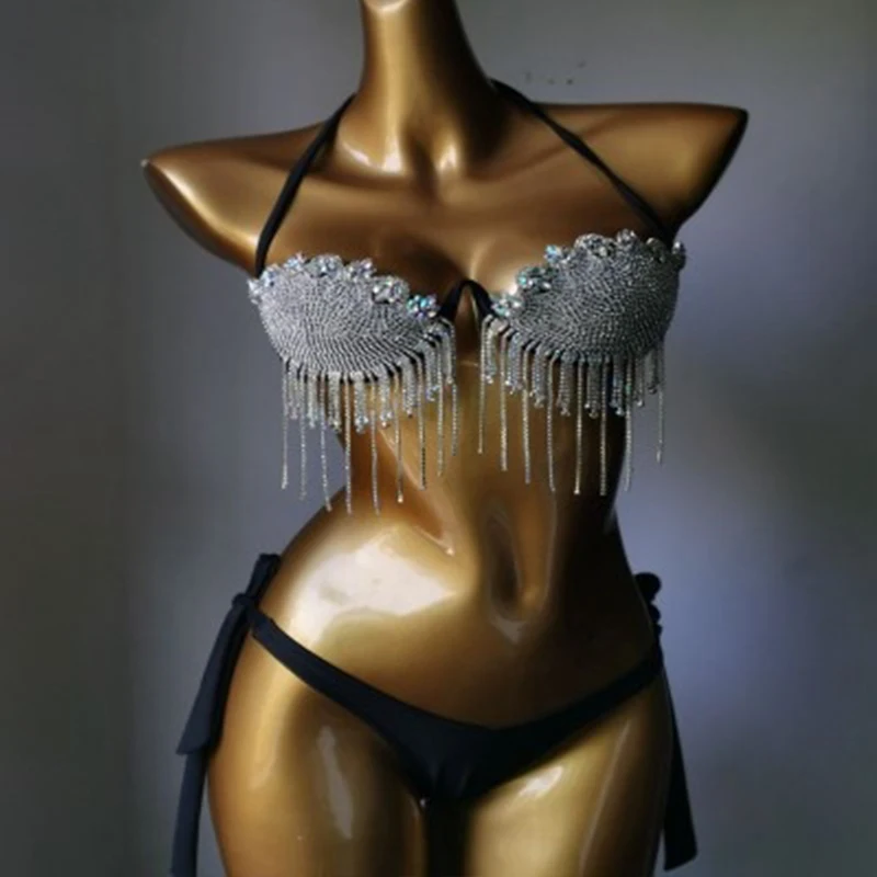 Ropa de club nocturno para mujer, traje de baño de diamantes con borlas, trajes de diamantes de costura, ropa de playa con Luna de Miel, XH619, novedad de 2024