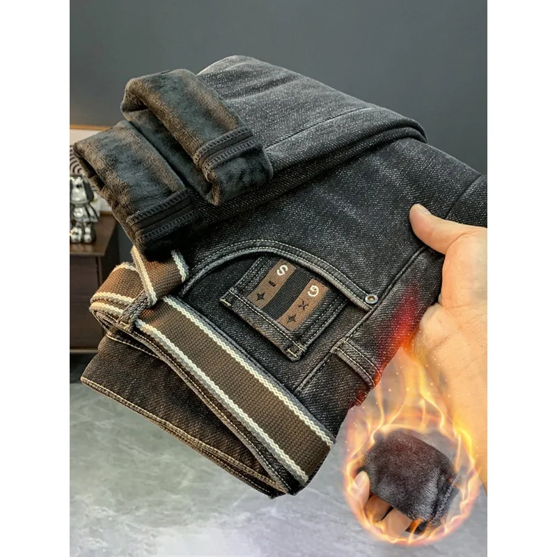 Fleece-Lined Thick Jeans Men's Trendy Slim Fit Skinny Pants Autumn and Winter 2023 New Elastic Comfortable Warm Long Pants