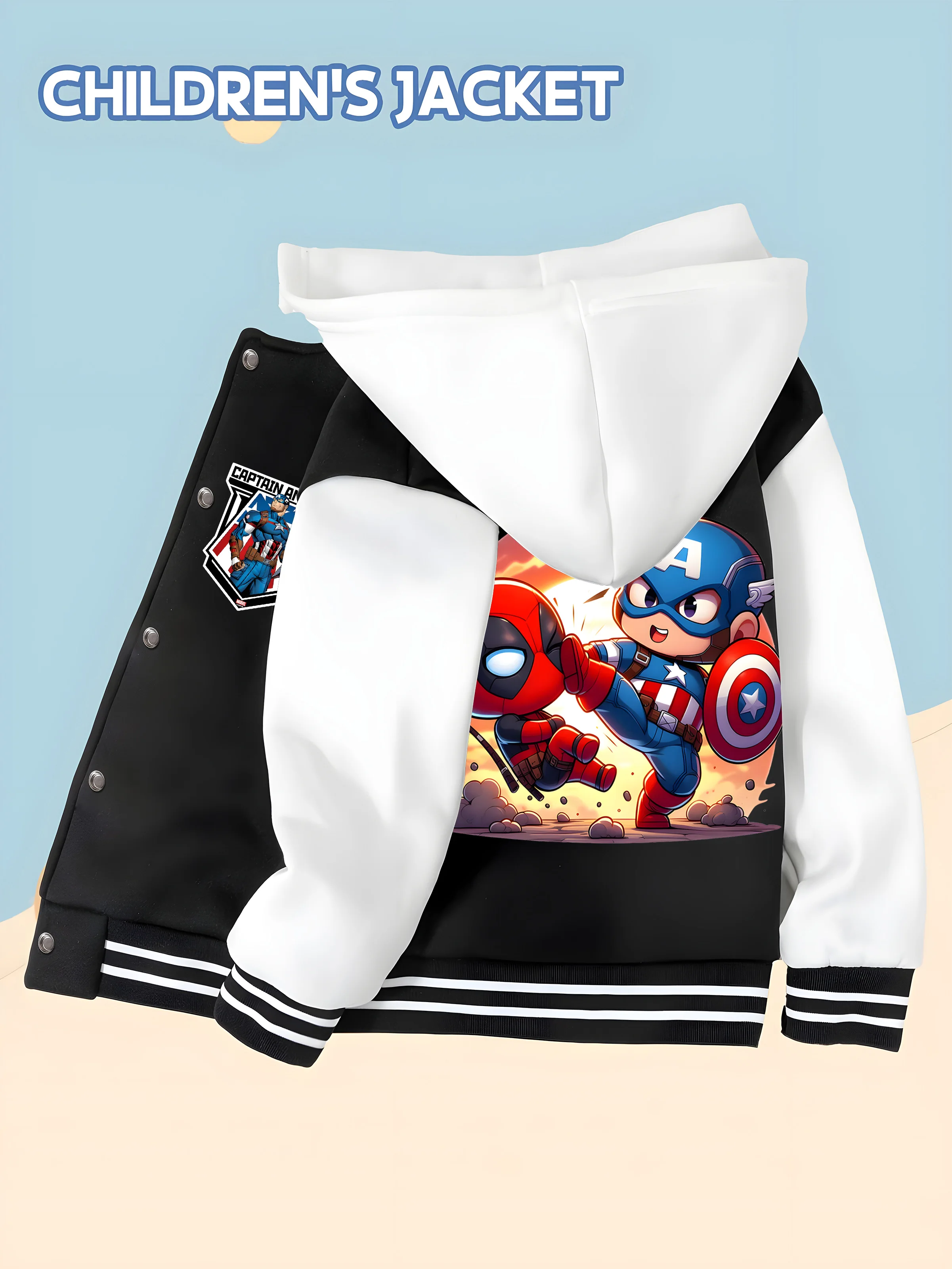 

MINISO Marvel Boys Baseball Jacket - Captain America and Deadpool cute and soft fabric, unique hero wear, fashionable and childl